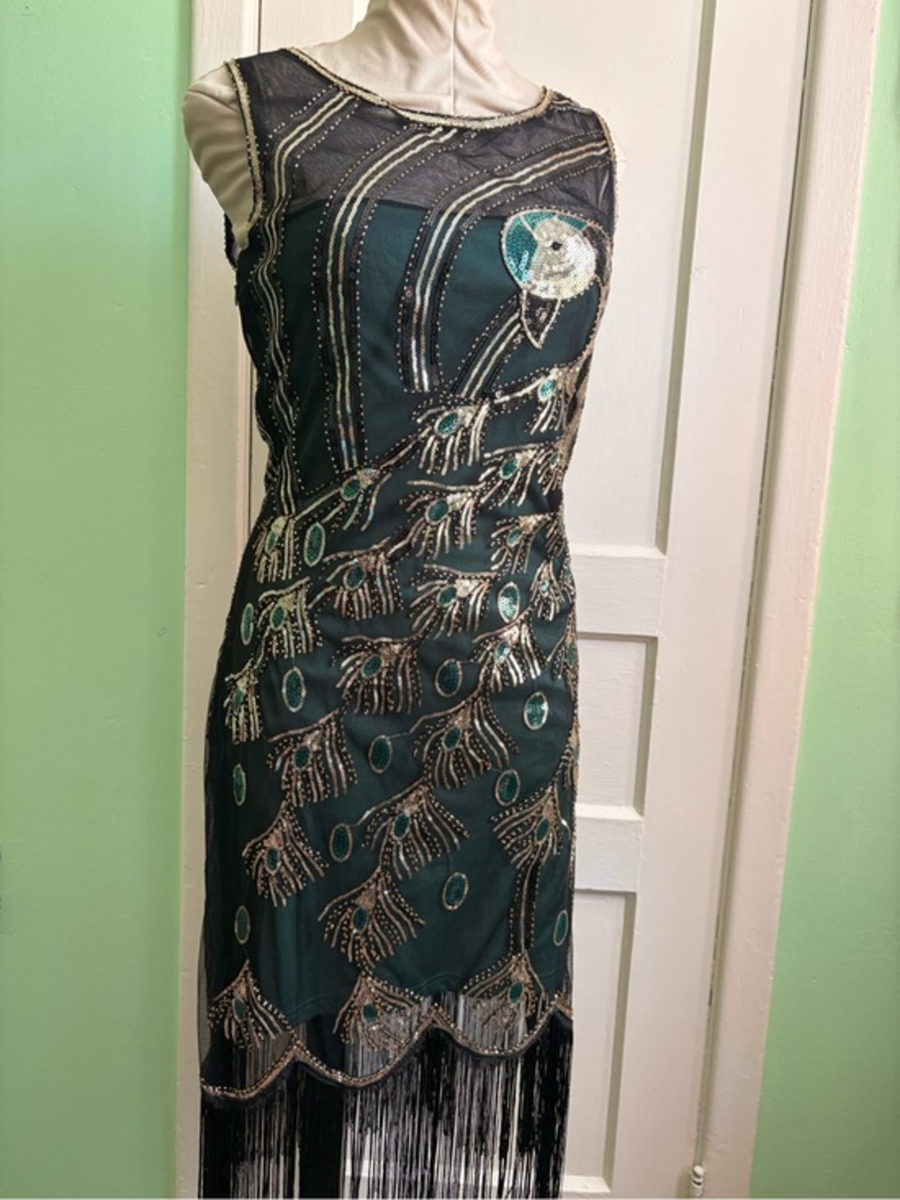 Embellished Peacock Emerald & Black Flapper Dress with Fringe